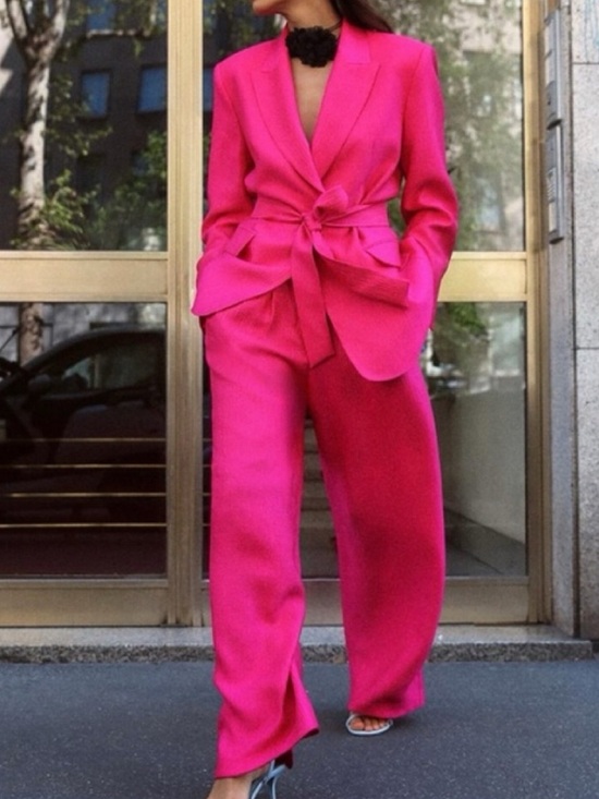 Zara Pants - ZARA Hot Pink Red Crinkle Effect Shimmering Belted Blazer! 💖